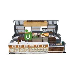 Big Size Wooden Fast Food Kiosk With Seating Area Green Decoration L Shape Display Counter Hamburger Booth