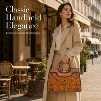 Sac à main en cuir de vachette pleine fleur vintage à motifs floraux, sac fourre-tout fait main avec anse circulaire pour femme