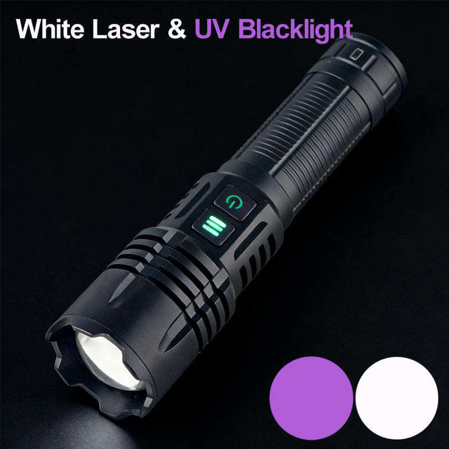 2 in 1 Powerful UV Blacklight Flashlight Dual Light Sources White Laser Light & 365nm Zoomable Rechargeable LED Flashlight