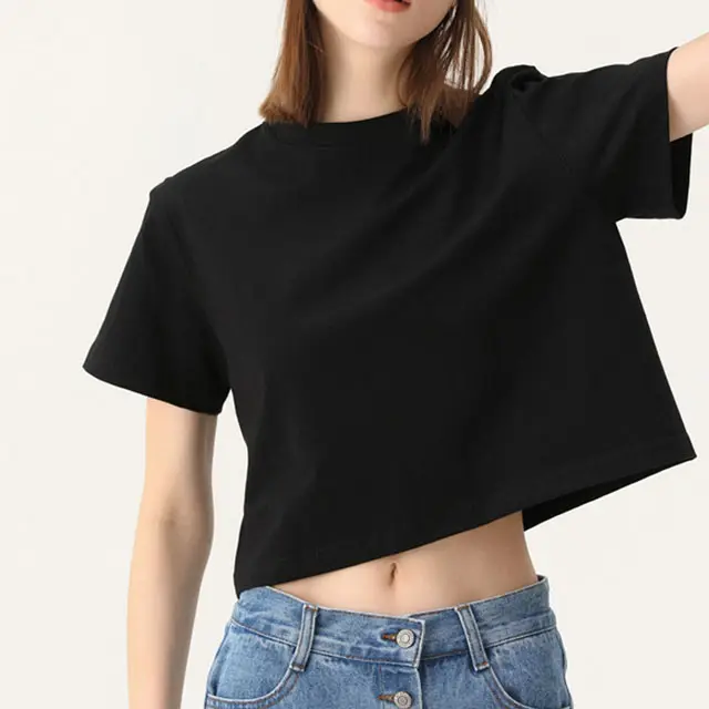 Toptan özel tişörtleri kırpılmış üst 210 gsm pamuk T Shirt baskı nakış logosu pamuk kırpma üst kadınlar
