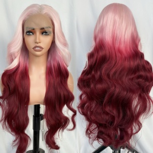 Ombre rosso Pre strappata del corpo onda di pizzo T parte <span class=keywords><strong>parrucca</strong></span> <span class=keywords><strong>lunga</strong></span> in misto sintetico capelli rosa e rosmarino pizzo anteriore parrucche in misto sintetico capelli - Product Image 1