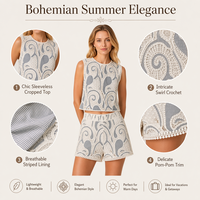 Ensemble 2 pièces d'été pour femme : Haut court sans manches en dentelle crochet Paisley et short moulant taille naturelle, style bohème pour les vacances, avec boutons