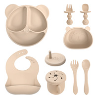 Ensemble de 8 pièces pour l'alimentation des bébés : assiette en silicone en forme d'ours mignon, bol, fourchette, cuillère, bavoir