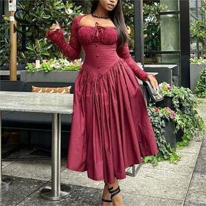 SHENGFU kadınlar Vintage bordo uzun kollu korse Midi elbise rönesans Fit ve Flare elbisesi - Product Image 3