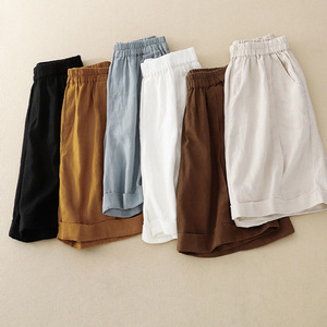 Women's Cotton Linen Bermuda Shorts Elastic High Waist Wide Leg Loose Casual Mid Length Pants Breathable Summer Style - Product Image 1