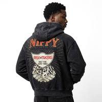 Sweat à capuche zippé pour homme en tissu éponge 100% coton 500 g/m² style vintage streetwear coupe oversize épaules tombantes avec strass