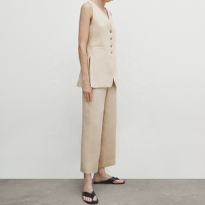 2023 Summer Elegant Fashionable Buttons Front V Neck Sleeveless <strong>Linen</strong> Cotton Vest Long Top <strong>Women's</strong> <strong>Waistcoat</strong> - Product Image 5