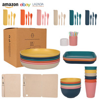 Service de vaisselle carré de style nordique peint à la main pour 6 personnes, compatible micro-ondes, assiettes, bols et tasses pour l'extérieur, pour l'approvisionnement transfrontalier