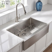 Évier de cuisine de luxe en acier inoxydable, fait main, à cuve unique, avec façade à tablier et rebord, durable, style ferme moderne, finition brossée