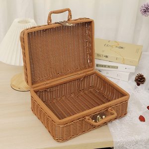 Petit panier rectangulaire <span class=keywords><strong>en</strong></span> plastique vintage brun, tressé à la main, avec couvercle, poignée écologique, cadeau de mariage naturel, boîte de rangement - Product Image 2