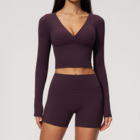 Ensemble de tenue de fitness avec ceinture double couche froncée, contrôle du ventre, effet push-up, haut de yoga à manches longues pour la course et le sport 4208