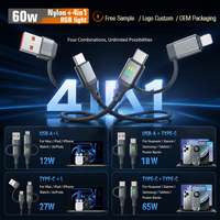 Cable de Carga Rápida PD 4 en 1 Tipo-C, con Trenzado de Nailon, Aleación de Aluminio y Cobre Puro, 60W, para Computadora, iOS e Impresora, Venta al Por Mayor