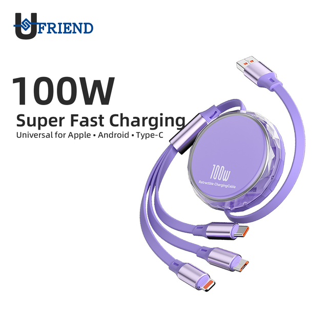 100W Fast Charging 3-in-1 Retractable Cable with Stand for iPhone & Android Pure Copper Conductor in Stock