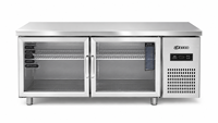 Plan de travail réfrigéré commercial en acier inoxydable de 1500 mm avec double porte vitrée, congélateur 380 L, refroidissement par air