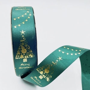 Cinta de Navidad patrón personalizado hoja de oro cinta de satén impresa rollo 25mm 50 yardas para caja de Navidad embalaje decoración festiva - Product Image 4