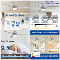 Ventilateur de plafond LED intelligent à 3 pales en ABS de 52 pouces, moderne, pour chambre à coucher, installation facile, variateur d'intensité, faible bruit, avec télécommande