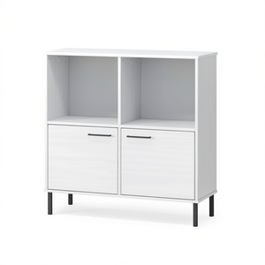 Libreria in Legno di Pino Bianco con 2 Scomparti e Ante, Mobile Moderno per Soggiorno - Product Image 1