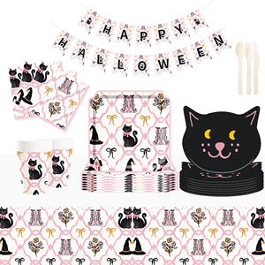 DAMAI New Halloween Black cat Theme Disposable Paper Plates, Cups and Napkins for Halloween Party Supply - Product Image 1