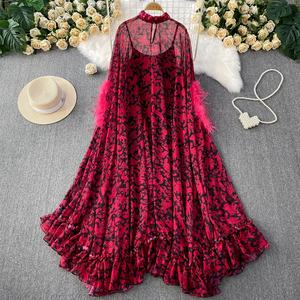 Noble élégant tempérament poilu manches col montant robe pour les <span class=keywords><strong>femmes</strong></span> coupe ample à volants imprimé léopard longue jupe - Product Image 1