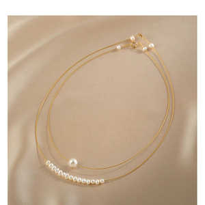 Collier en perles naturelles rétro français pour femmes, chaîne de clavicule empilée en or 14 carats, cadeau pour la fête de Qixi pour petite amie - Product Image 1