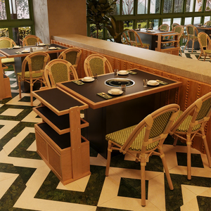 Ensemble de meubles de bistrot français moderne, chaise en aluminium tressé et table à manger carrée en bois pour café, restaurant - Product Image 3