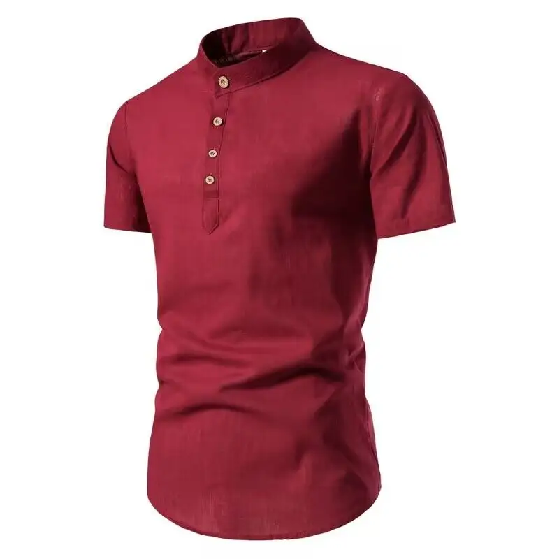 Plus Size Men's Fashion Slim Fit Solid Short Sleeve Shirt Business Standing Collar Cotton Hemp Half Open Shirt