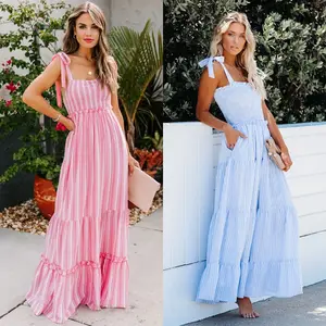 2022 Fashion Backless Maxi Dress Stripe Print Spaghetti Strap Dress Sexy Summer Long Tie Up abiti bohémien