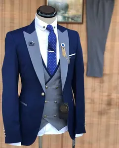 Costumes de fête de mariage à un bouton pour homme, col de fermeture, coupe ajustée, Business, 3 pièces, bleu marine, MS100