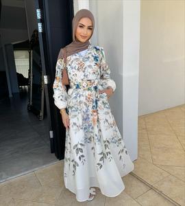 Elegante Vestido Abaya de Poliéster con Estampado Floral y Cinturón para Mujeres Musulmanas, Manga Larga, Primavera/Otoño, Boda, Uso Diario, Moda Islámica Modesta - Product Image 2