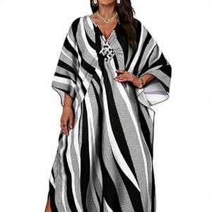 V Neck Maxi Abaya <b>Dress</b> Long Sleeve <b>Loose</b> Fit Asymmetrical Hem Geometric Pattern Women's Daily Wear Polyester Modest Style - Product Image 1