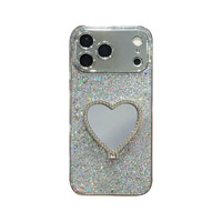 Coque de téléphone portable pour iPhone 17 Pro Max avec miroir cœur, paillettes, strass et support anneau, design créatif personnalisé, compatible iPhone 16