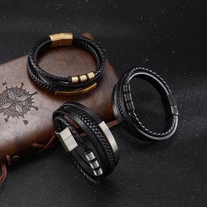 High Quality Men's Stainless Steel Magnet Buckle <b>Bracelet</b> Classic Black Genuine <b>Leather</b> Bohemia Style for Gift - Product Image 3