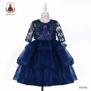 Nuevo Modelo de niños ropa de lentejuelas de encaje de 3 capas de hilo flor chica vestido de baile vestido con mantón