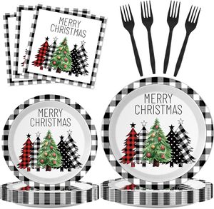 Assiettes, serviettes et fourchettes en plastique à motif de sapin de Noël en écossais DAMAI pour la décoration de table de fête de Noël, vaisselle jetable de Noël - Product Image 1
