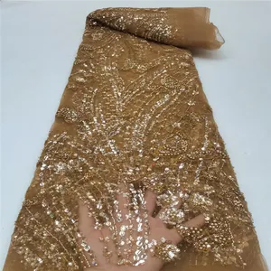 Good quality African chemical lace wholesale ladies bridal saree embroidery sequins and bead 5 yards big lace