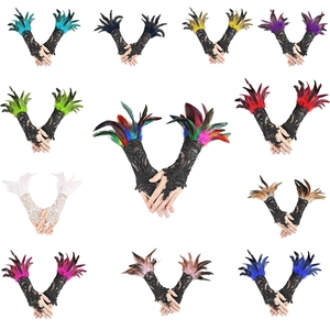 Vente en gros de gants en plumes noires Gants gothiques en maille de dentelle Gants gothiques demi-doigts pour femmes Carnaval Party Dance - Product Image 1