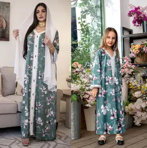 hijab enfants mère Suppliers-Vêtements islamiques pour mère et fille, robe longue, imprimée verte, ensemble parent-enfant, pour femmes musulmanes