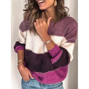 Herbst-Winter Damen-Pullover mit Farbblock-Design, Rundhalsausschnitt, Grobstrick, Locker Geschnitten, Überschnittene Schulter, Ziernaht-Detail, Gerippt, Gemütlich Weich - Product Image 6