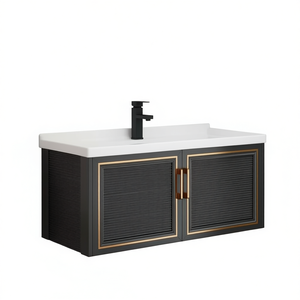 Conjunto de Mueble de Baño de Cerámica Negra de 35.8 Pulgadas, Diseño Elegante Flotante para Montar en la Pared, Incluye Lavabo Rectangular - Product Image 1