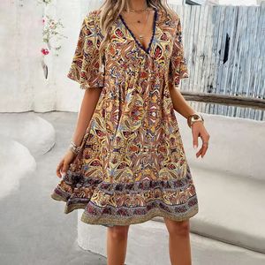 Summer Women's Elegant Temperament Casual Beach Seaside Holiday Printed V-neck Dress Cascading Ruffle <b>Sequined</b> Natural Button - Product Image 3