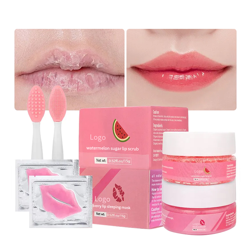 Private Label Natuurlijke Huidverzorging & Gereedschap Watermeloen Suiker Scrub Kersen Hydraterende Collageen Lip Slaapmasker 4 In 1 Lipverzorgingset