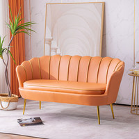 Canapé deux places moderne en velours orange avec surpiqûres et passepoil doré, pieds métalliques, chaises de restaurant, chaises de salon, chaises de salle à manger