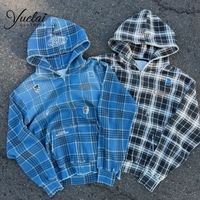 Fabricants de vêtements sur mesure : Veste zippée à capuche pour homme, style streetwear, à carreaux, avec poche kangourou, coupe ample et broderie