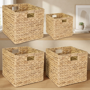 <b>Square</b> Woven Water Hyacinth Storage <b>Baskets</b> 40x40x25cm Handmade Bohemian Style Set of 4 for Living Room Organization - Product Image 2