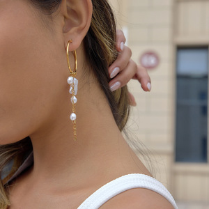 Pearl Tassel Hoop Earrings 18K Gold Stainless Steel Everyday Wear - Product Image 3