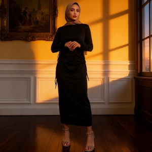 9.9 <b>Abaya</b> Dress Solid Color Little Bouncy Jersey Material Lace up on Both Side Simplicity Chic Long Slim Sleeves Dress 6736# - Product Image 6