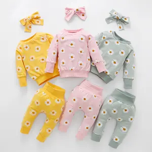 Chrysanthemum Pullover Printed Pants Bow Round Neck Long Sleeved Set Of 3 Pieces For Baby Clothes Set