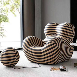 Fauteuil gonflable rayé avec dossier coussiné et pouf rond, canapé-lit contemporain pour salon, housse en tissu - Product Image 5