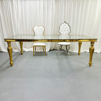 Table de banquet rectangulaire en acier inoxydable doré avec plateau en verre miroir pour hôtel, fête, réception de mariage, traiteur, événement, mobilier