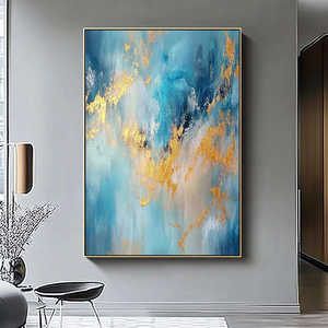 Grande Dipinto su Tela Blu e Oro, Pittura Murale Creativa in Acrilico, Arte Astratta Moderna di Lusso con Texture - Product Image 2